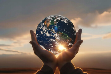 renewable energy light bulb with green energy, Earth Day or environment protection Hands protect forests that grow on the ground and help save the world, solar panels	