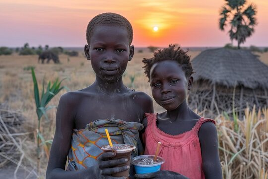 african children with glasses of chocolate frappe