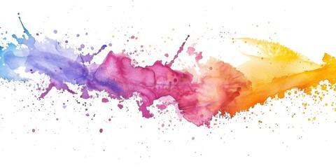 A sweeping watercolor panorama in a seamless gradient from pink to purple, peppered with vibrant droplets on a clean white background.