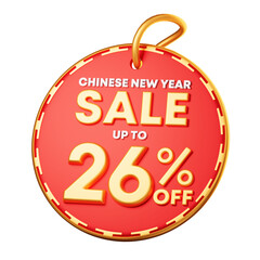 3D Illustration of  Chinese new year discount tag 26%. Promotion Lunar new year image for social media and website