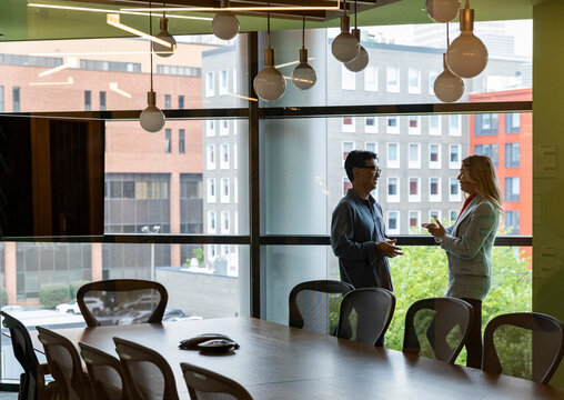 Businesswoman talking with Businessman 
in downtown office 