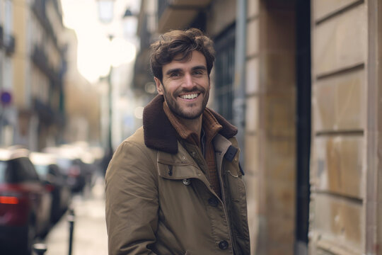 A man in a brown jacket is smiling in front of a building