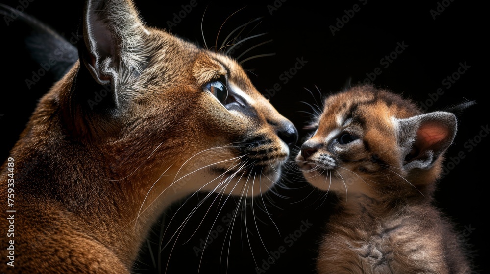 Aufkleber male caracal and kitten portrait with empty space for text and object on right side
