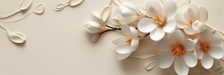 Obraz premium Beautiful purple and white crocus flowers on the pastel light beige background. Horizontal background for banner, greeting card, invitation. Women's Day, Valentine's Day, wedding.