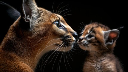 Male caracal and kitten portrait with empty space for text and object on right side