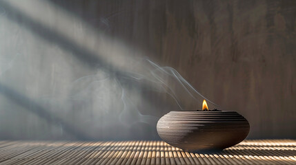 Smoldering Incense Pot on a Tatami Mat with Ethereal Smoke in a Zen Setting, Ideal for Spa and Meditation Imagery