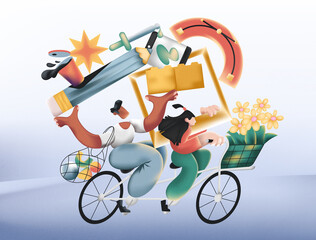 Man and woman on double bicycle with tools. Collaborative creativity.