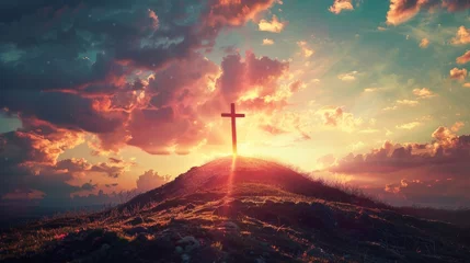 Foto op Plexiglas Mount Golgotha, representation of the cross that symbolizes the resurrection of Jesus. generative ai © Francheska