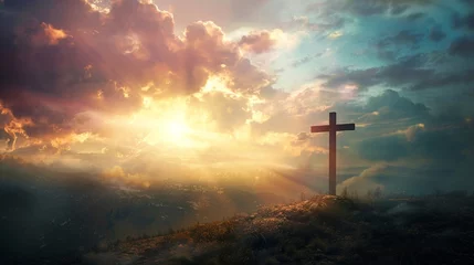 Foto op Plexiglas Mount Golgotha, representation of the cross that symbolizes the resurrection of Jesus. generative ai © Francheska