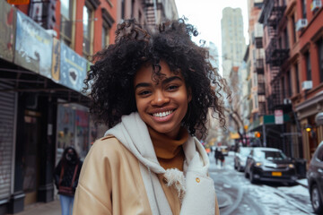 A woman with curly hair is smiling on a city street