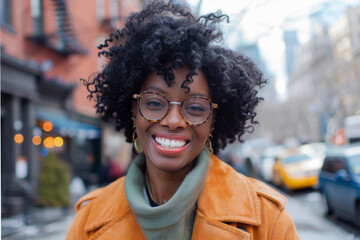 Naklejka premium A woman wearing glasses and a scarf smiles for the camera