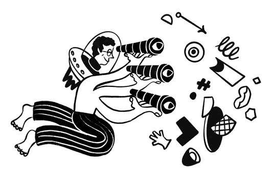 man uses binoculars to seek exploring creative solutions, modern ideas