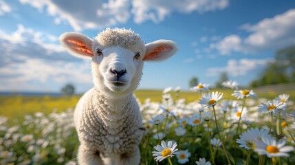 Young lamb grazing in daisy field on a sunny day   serene farm animal scene with space for text
