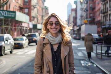 Obraz premium A woman wearing sunglasses and a trench coat smiles on a city street