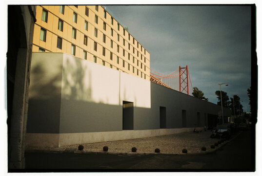 Interesting rectangular shape on wall with bridge 