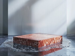 Red Marble Abstract Minimalistic Flat Podium. The Scene for Product Presentation. 3D Room with thin podium and water splashes. Ai Generated Podium Mockup for a Product advertisement.