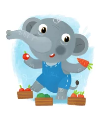 Wandaufkleber cartoon scene with wild animal elephant doing things like human on white background illustration for children © honeyflavour