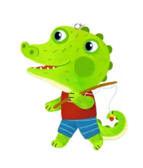  cartoon scene with wild animal alligator crocodile doing things like human on white background illustration for children © honeyflavour