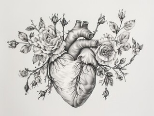 Hand drawn illustration of human Heart with blooming flowers pencil sketch . Black and white.