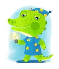 Poster Im Rahmen cartoon scene with wild animal alligator crocodile doing things like human on white background illustration for children © honeyflavour