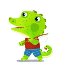 Poster Im Rahmen cartoon scene with wild animal alligator crocodile doing things like human on white background illustration for children © honeyflavour