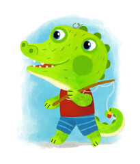 cartoon scene with wild animal alligator crocodile doing things like human on white background illustration for children