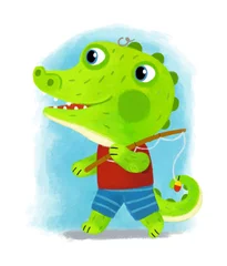 Poster cartoon scene with wild animal alligator crocodile doing things like human on white background illustration for children © honeyflavour