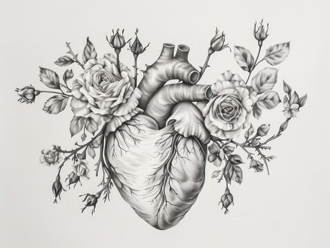 Hand drawn illustration of human Heart with blooming flowers pencil sketch . Black and white. - Powered by Adobe