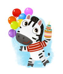 cartoon scene with wild animal zebra horse doing things like human on white background illustration for children