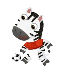 Fototapete cartoon scene with wild animal zebra horse running with ball, football soccer like human on white background illustration for children © honeyflavour
