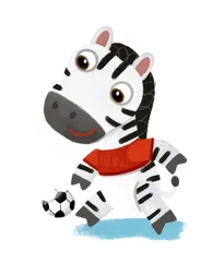 Wandaufkleber cartoon scene with wild animal zebra horse running with ball, football soccer like human on white background illustration for children © honeyflavour