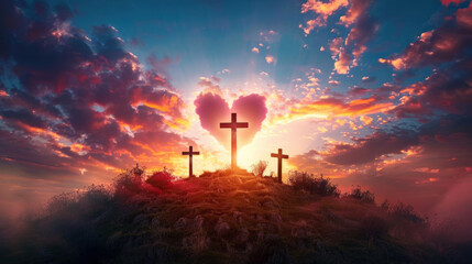 Easter landscape with three crosses on hill, crucifixion of Jesus Christ with heart from the clouds - 759337685