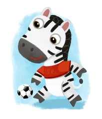 Zelfklevend Fotobehang cartoon scene with wild animal zebra horse running with ball, football soccer like human on white background illustration for children © honeyflavour