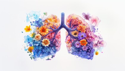 Lungs Formed from a Bunch of Colorful Flowers on a White Background, Wallpaper