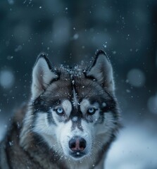 angry husky face with snow winter background