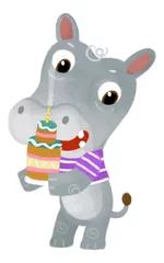Foto op Canvas cartoon scene with happy little boy hippo hippopotamus having fun cooking baking or eating cake sweets on white background illustration for children © honeyflavour