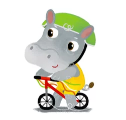 Gordijnen cartoon scene with happy little boy hippo hippopotamus having fun riding scooter on white background illustration for children © honeyflavour
