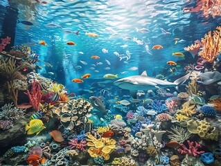A mesmerizing display within a zoo aquarium, showcasing a stunning variety of wild sea creatures from across the globe