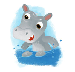cartoon scene with happy little boy hippo hippopotamus having fun swimming in the water on white background illustration for children