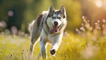  close up husky running happily in the park meadow. wallpaper 