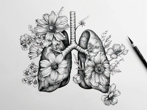 Lungs with blooming flowers pencil sketch realistic hand drawing artist. Sketch of lungs and flowers tattoo concept