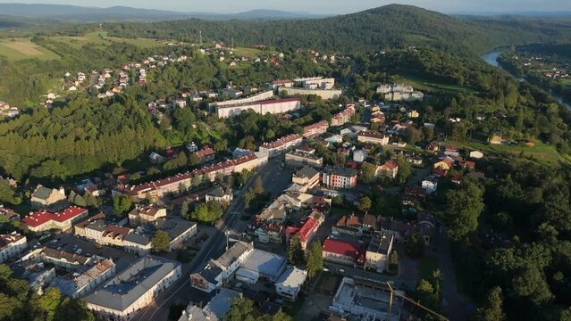 Beautiful Landscape Downtown Mountains River Lesko Aerial View Poland