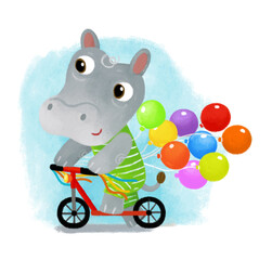 cartoon scene with happy little boy hippo hippopotamus having fun riding scooter on white background illustration for children