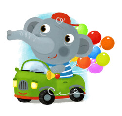 Obraz premium cartoon scene with happy little boy elephant driver having fun driving car on white background illustration for children