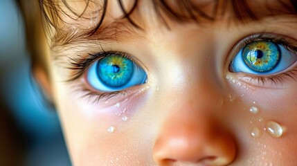 Emotional close up of a young toddler boy with tears streaming down his face in distress and sadness