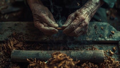 close up of hand rolling tobacco for a traditional cigarette - obrazy, fototapety, plakaty