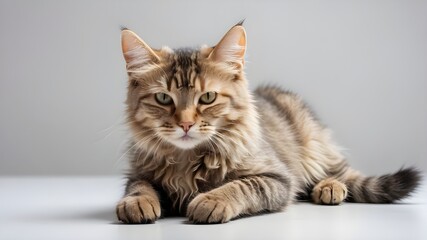 Cat is alone on a transparent or white background, playing or hunting.