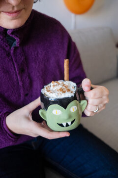 Pumpkin spice latte in a Dracula Halloween mug
