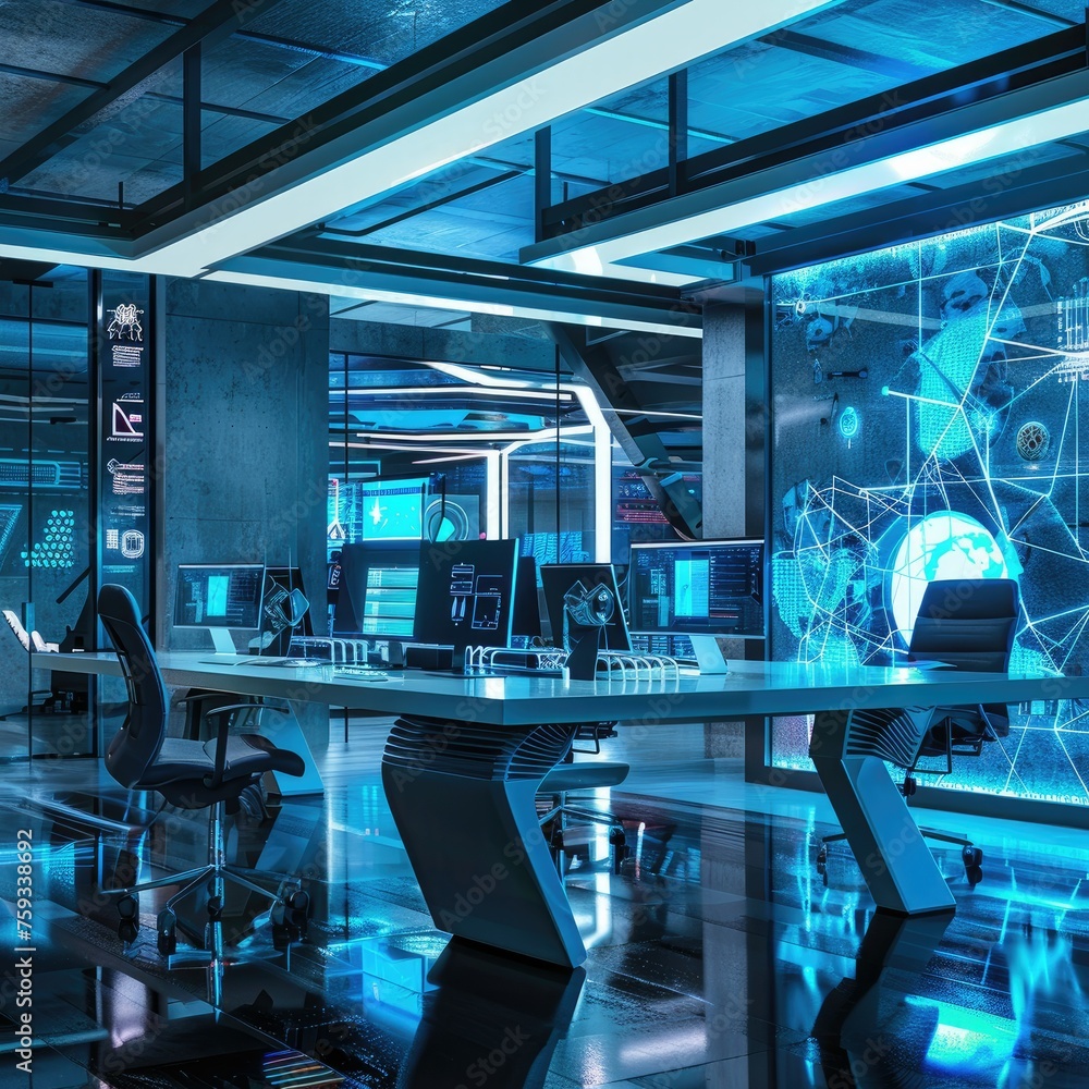 Poster advanced tech command center with holographic displays - the control room of the future, with cuttin