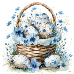 Happy Easter background with eggs in basket, spring flowers and copy space. Greeting card - 759339051
